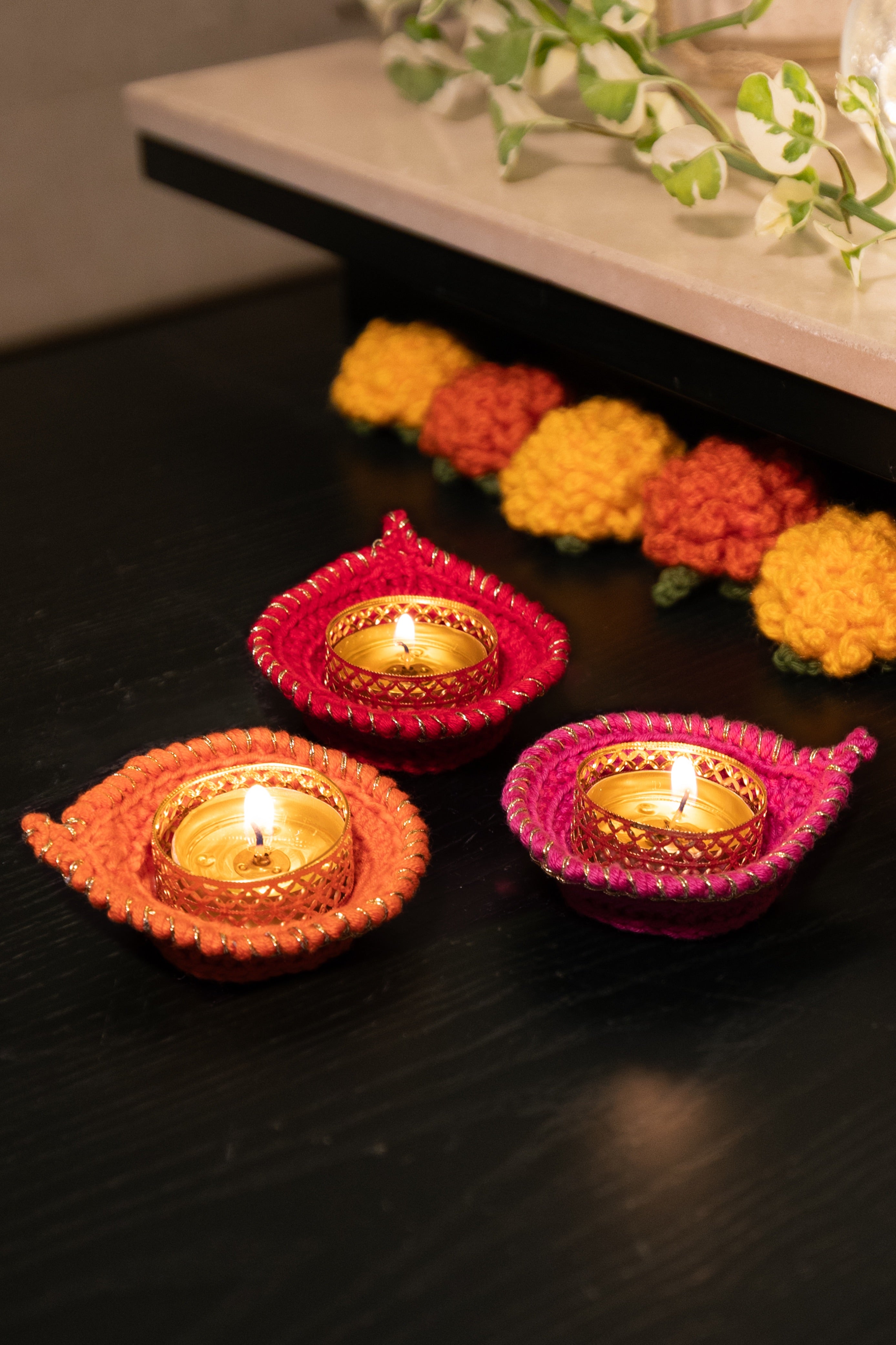 Festive Diya (Pack of 3) - Red, Pink, Orange