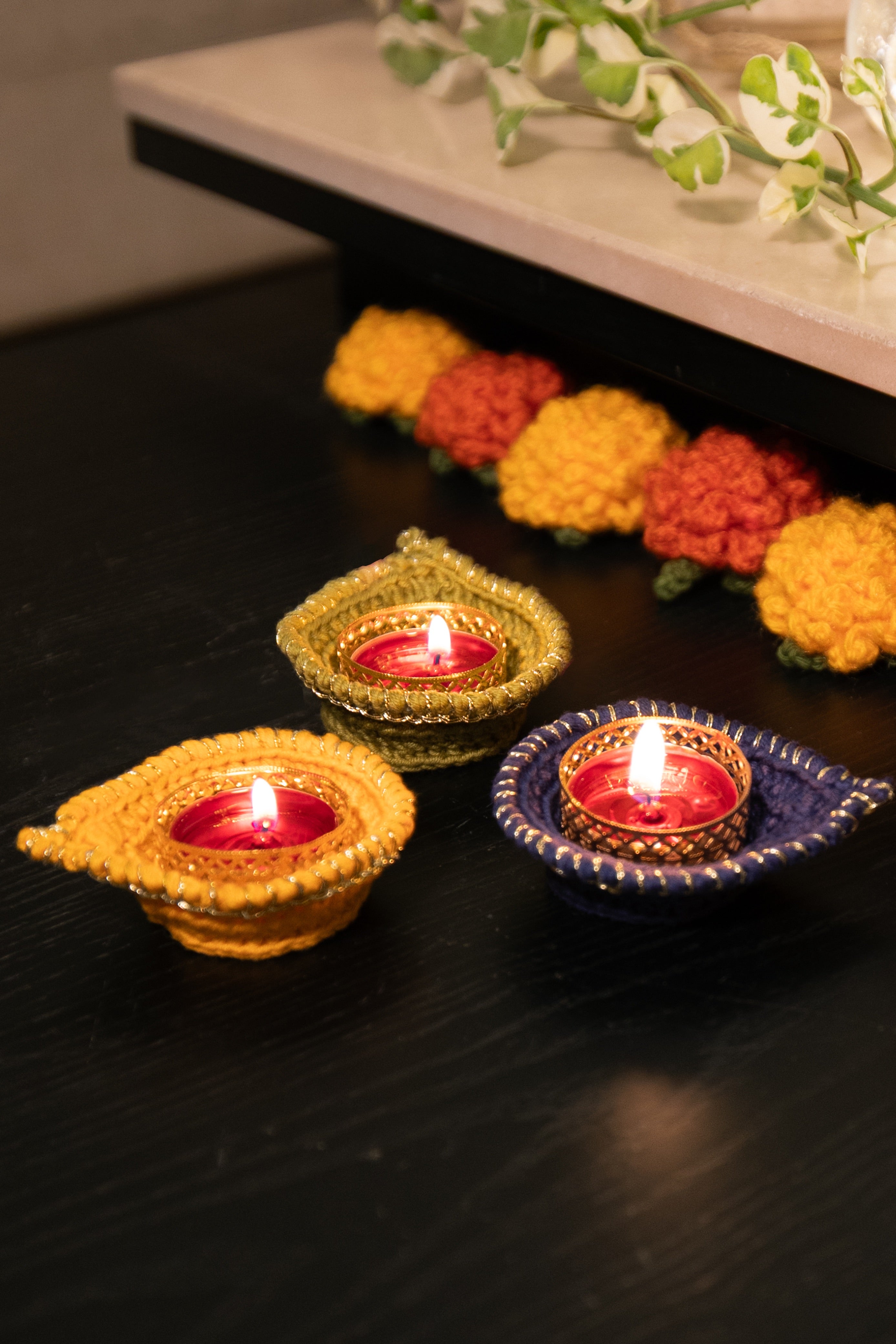 Festive Diya (Pack of 3)- Yellow, Leaf Green, Royal Blue