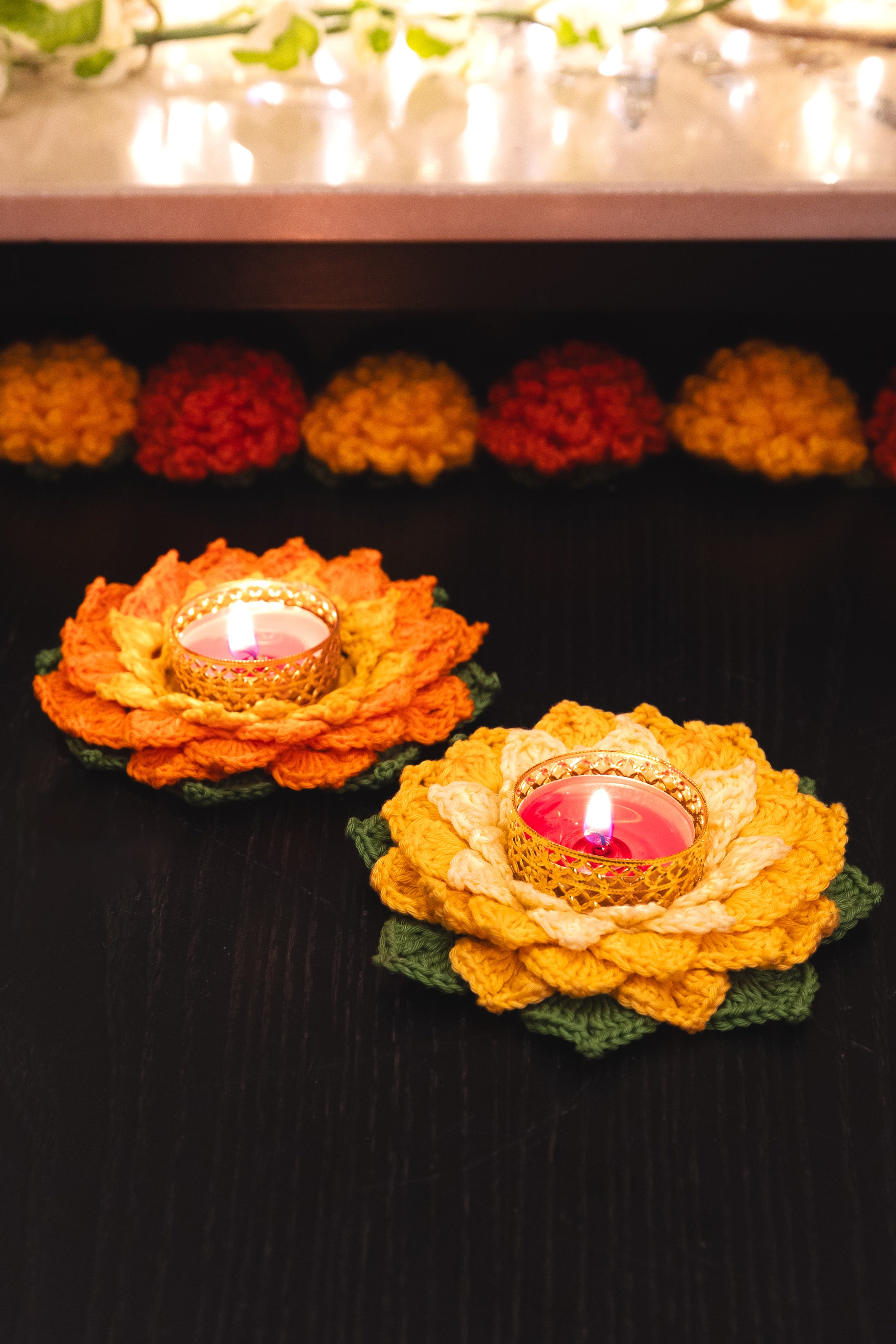 Lotus Diya (Pack of 2) - Yellow & Orange